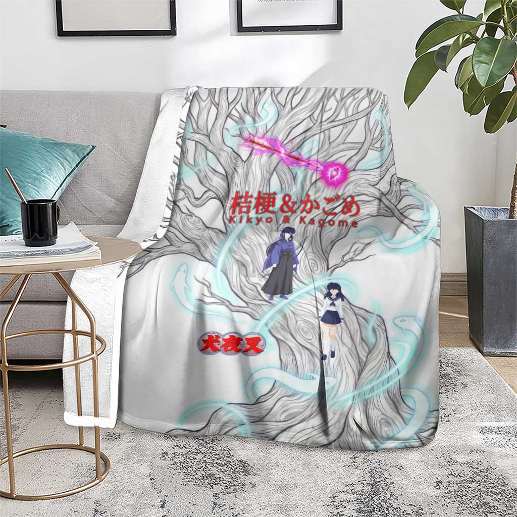 Kikyo and Kagome Inuyasha Series Blanket Spiritual Anime Art Style with Sacred Tree and Torii Gate