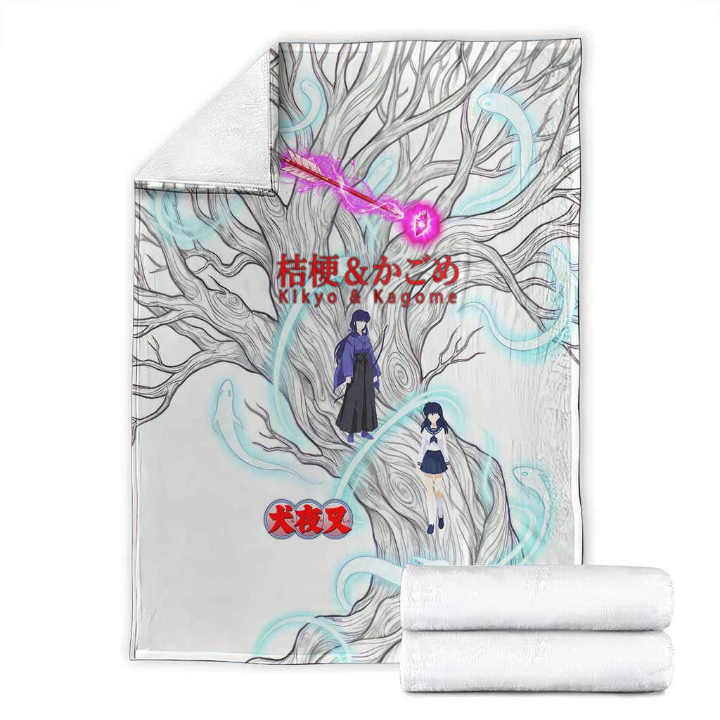 Kikyo and Kagome Inuyasha Series Blanket Spiritual Anime Art Style with Sacred Tree and Torii Gate