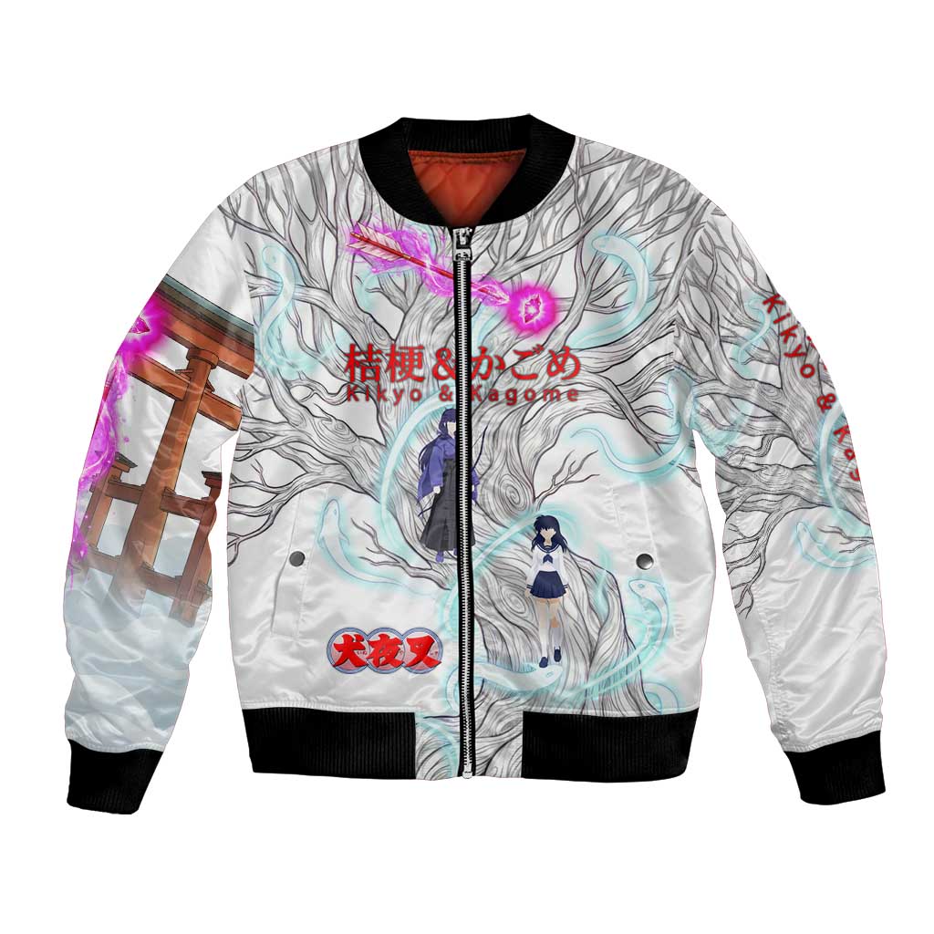 Kikyo and Kagome Inuyasha Series Bomber Jacket Spiritual Anime Art Style with Sacred Tree and Torii Gate