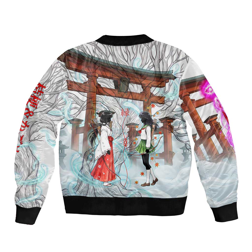 Kikyo and Kagome Inuyasha Series Bomber Jacket Spiritual Anime Art Style with Sacred Tree and Torii Gate