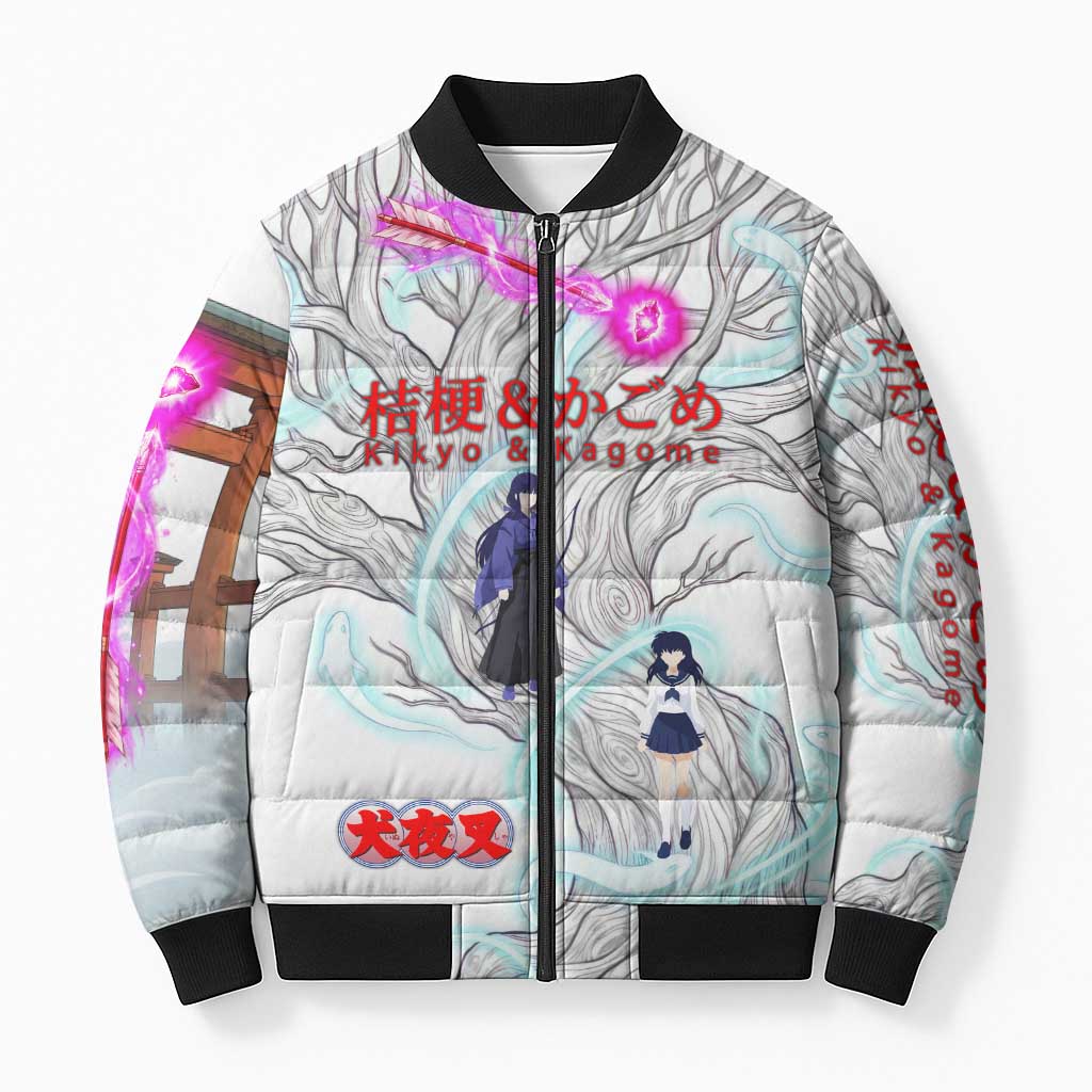 Kikyo and Kagome Inuyasha Series Bomber Puffer Jacket Spiritual Anime Art Style with Sacred Tree and Torii Gate