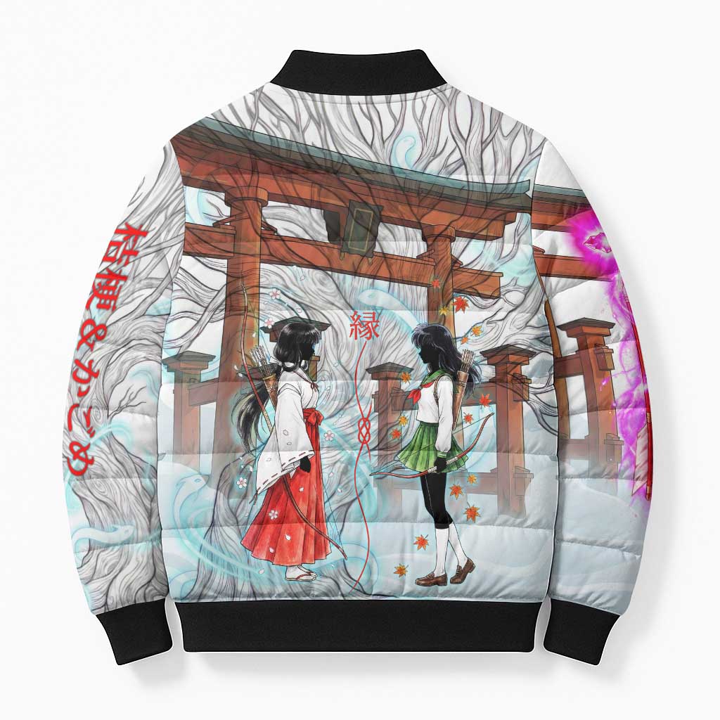 Kikyo and Kagome Inuyasha Series Bomber Puffer Jacket Spiritual Anime Art Style with Sacred Tree and Torii Gate