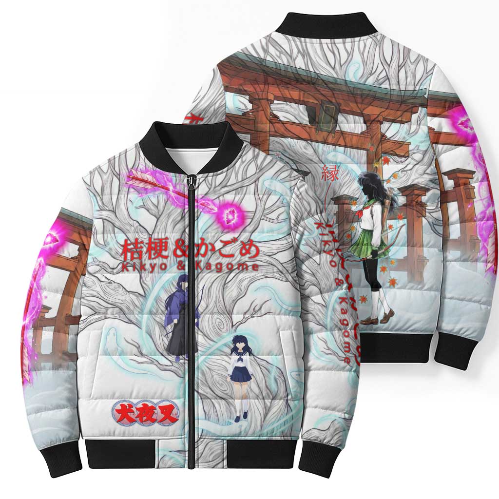 Kikyo and Kagome Inuyasha Series Bomber Puffer Jacket Spiritual Anime Art Style with Sacred Tree and Torii Gate