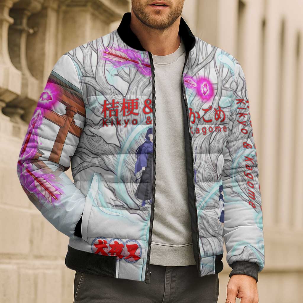 Kikyo and Kagome Inuyasha Series Bomber Puffer Jacket Spiritual Anime Art Style with Sacred Tree and Torii Gate