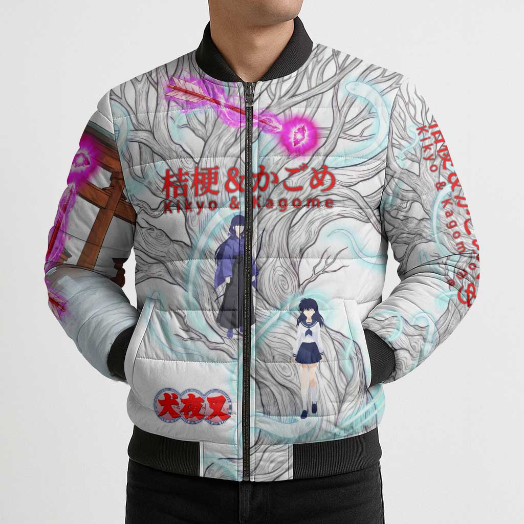 Kikyo and Kagome Inuyasha Series Bomber Puffer Jacket Spiritual Anime Art Style with Sacred Tree and Torii Gate