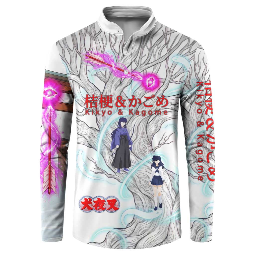Kikyo and Kagome Inuyasha Series Button Sweatshirt Spiritual Anime Art Style with Sacred Tree and Torii Gate
