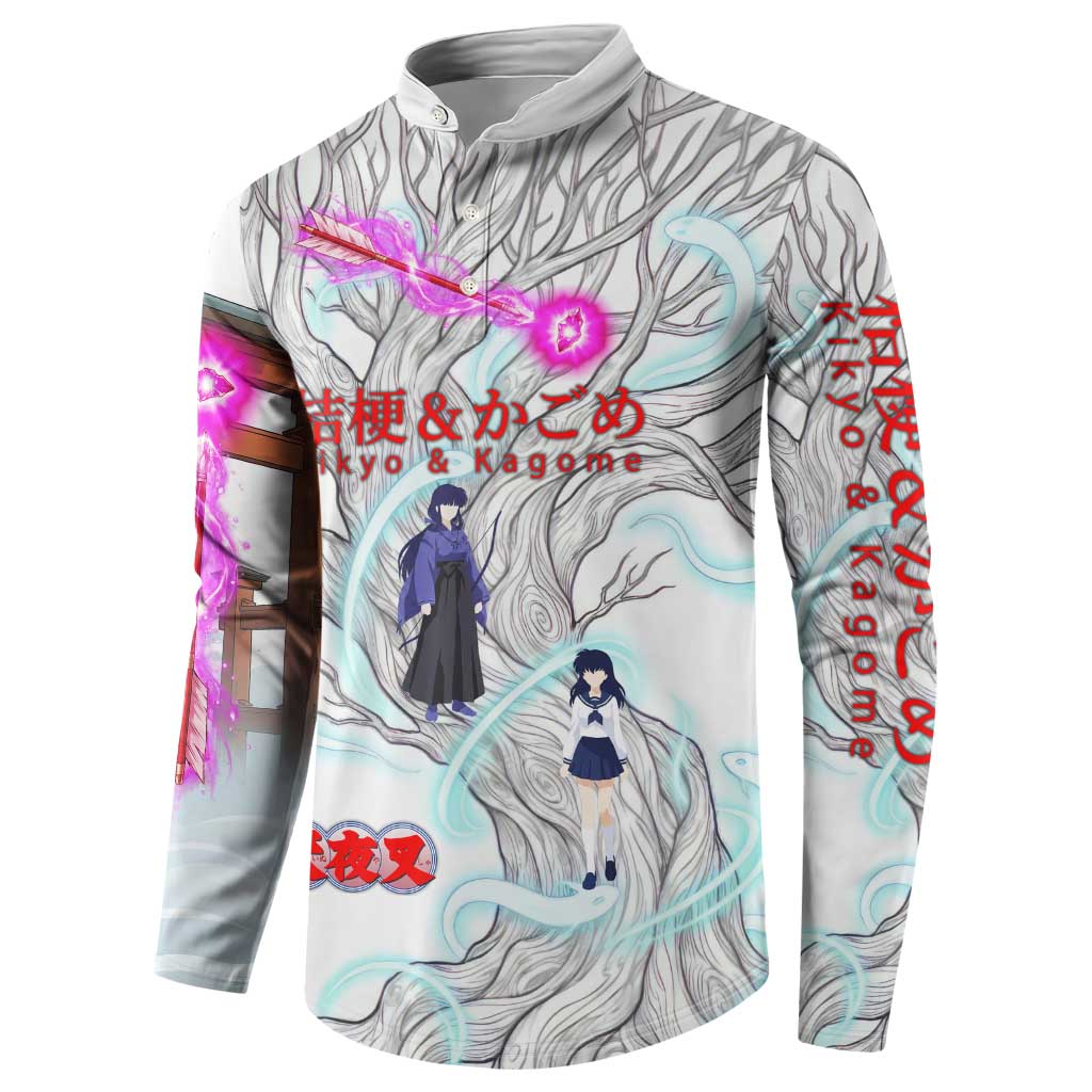Kikyo and Kagome Inuyasha Series Button Sweatshirt Spiritual Anime Art Style with Sacred Tree and Torii Gate