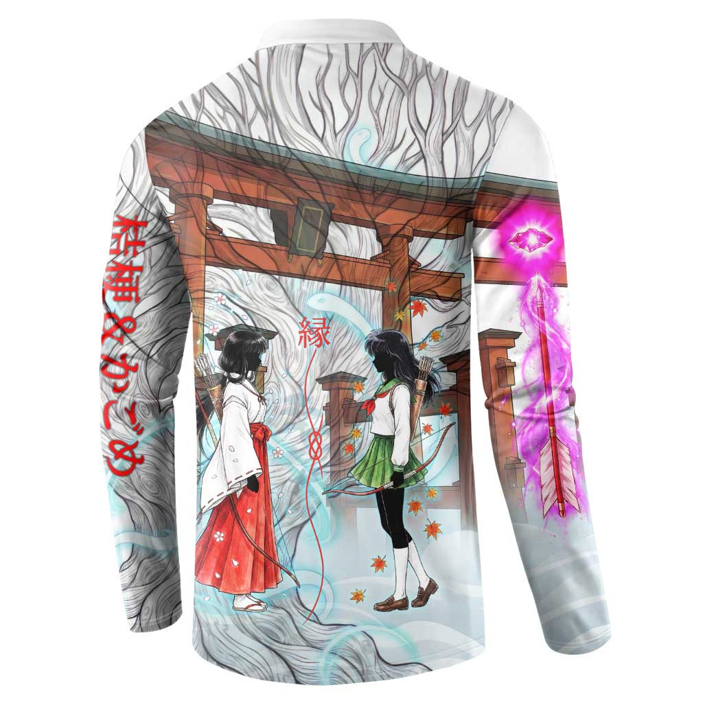 Kikyo and Kagome Inuyasha Series Button Sweatshirt Spiritual Anime Art Style with Sacred Tree and Torii Gate