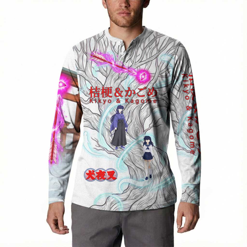 Kikyo and Kagome Inuyasha Series Button Sweatshirt Spiritual Anime Art Style with Sacred Tree and Torii Gate