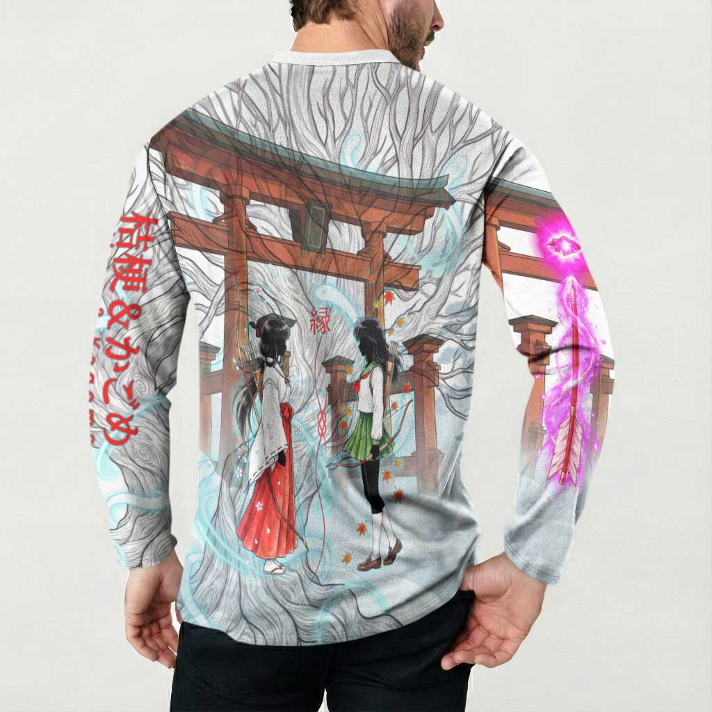 Kikyo and Kagome Inuyasha Series Button Sweatshirt Spiritual Anime Art Style with Sacred Tree and Torii Gate