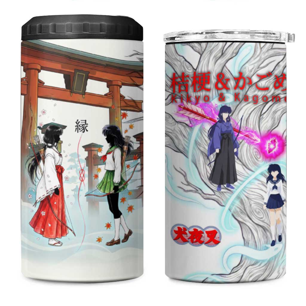 Kikyo and Kagome Inuyasha Series 4 in 1 Can Cooler Tumbler Spiritual Anime Art Style with Sacred Tree and Torii Gate