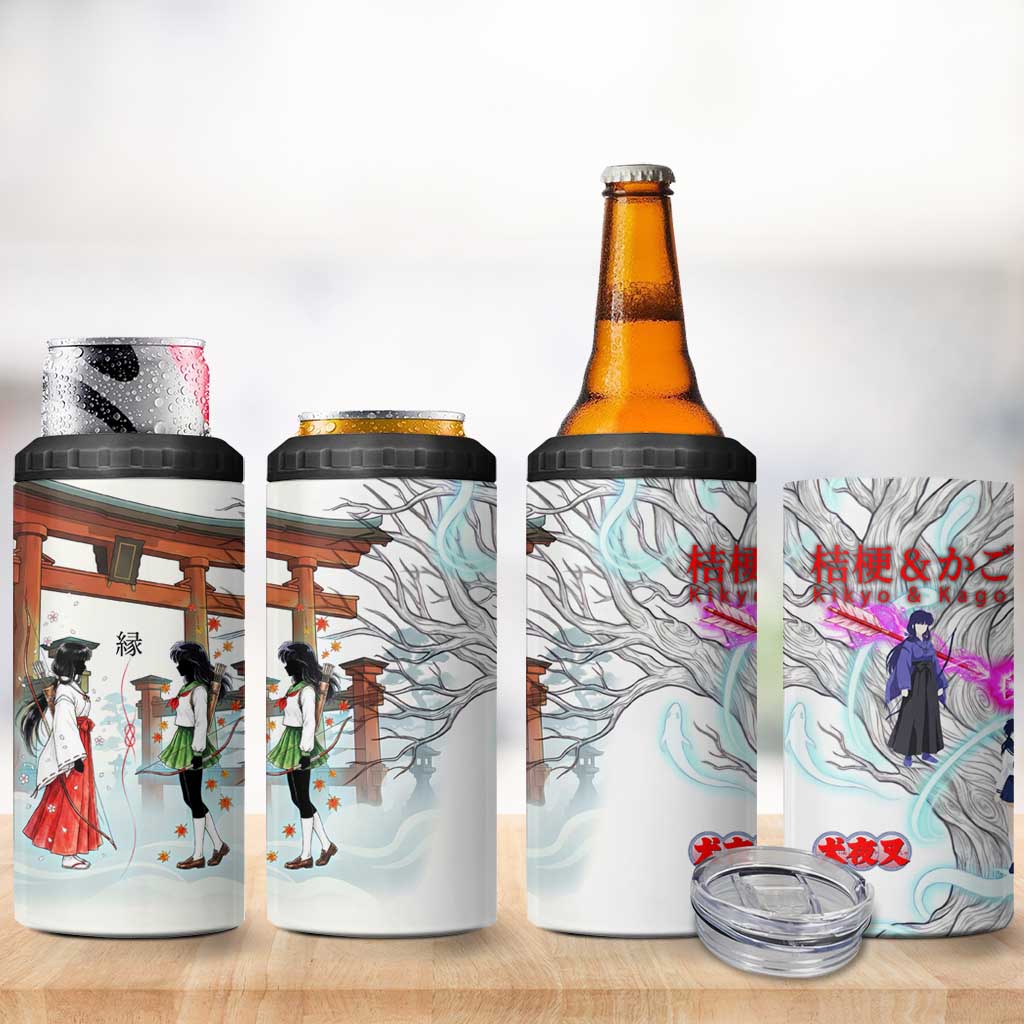 Kikyo and Kagome Inuyasha Series 4 in 1 Can Cooler Tumbler Spiritual Anime Art Style with Sacred Tree and Torii Gate