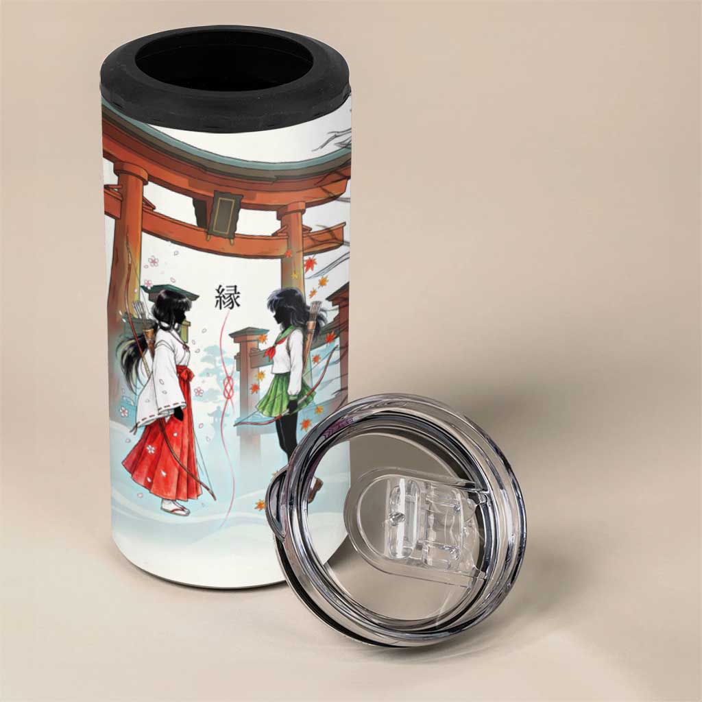 Kikyo and Kagome Inuyasha Series 4 in 1 Can Cooler Tumbler Spiritual Anime Art Style with Sacred Tree and Torii Gate