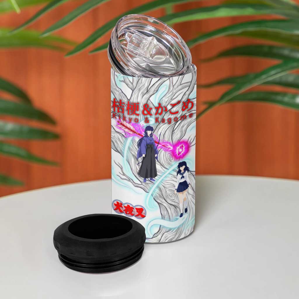 Kikyo and Kagome Inuyasha Series 4 in 1 Can Cooler Tumbler Spiritual Anime Art Style with Sacred Tree and Torii Gate