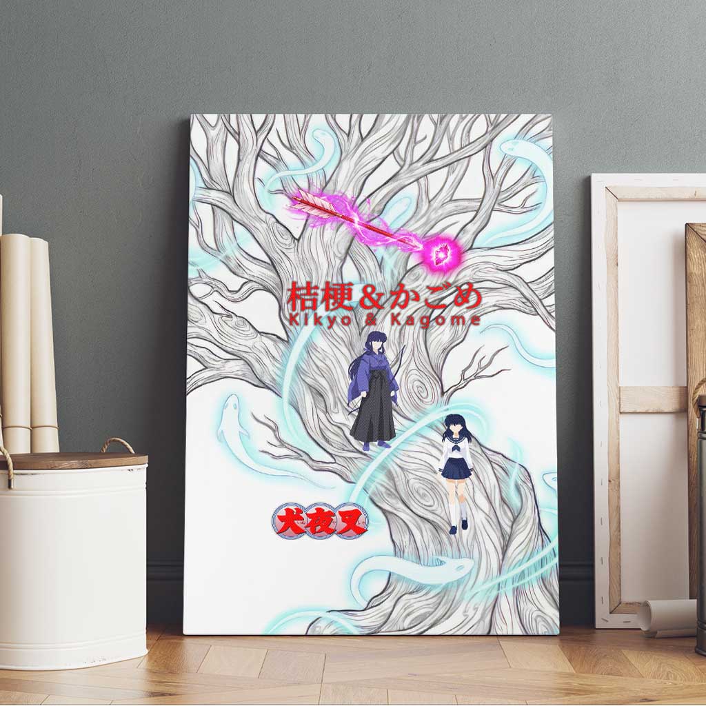 Kikyo and Kagome Inuyasha Series Canvas Wall Art Spiritual Anime Art Style with Sacred Tree and Torii Gate