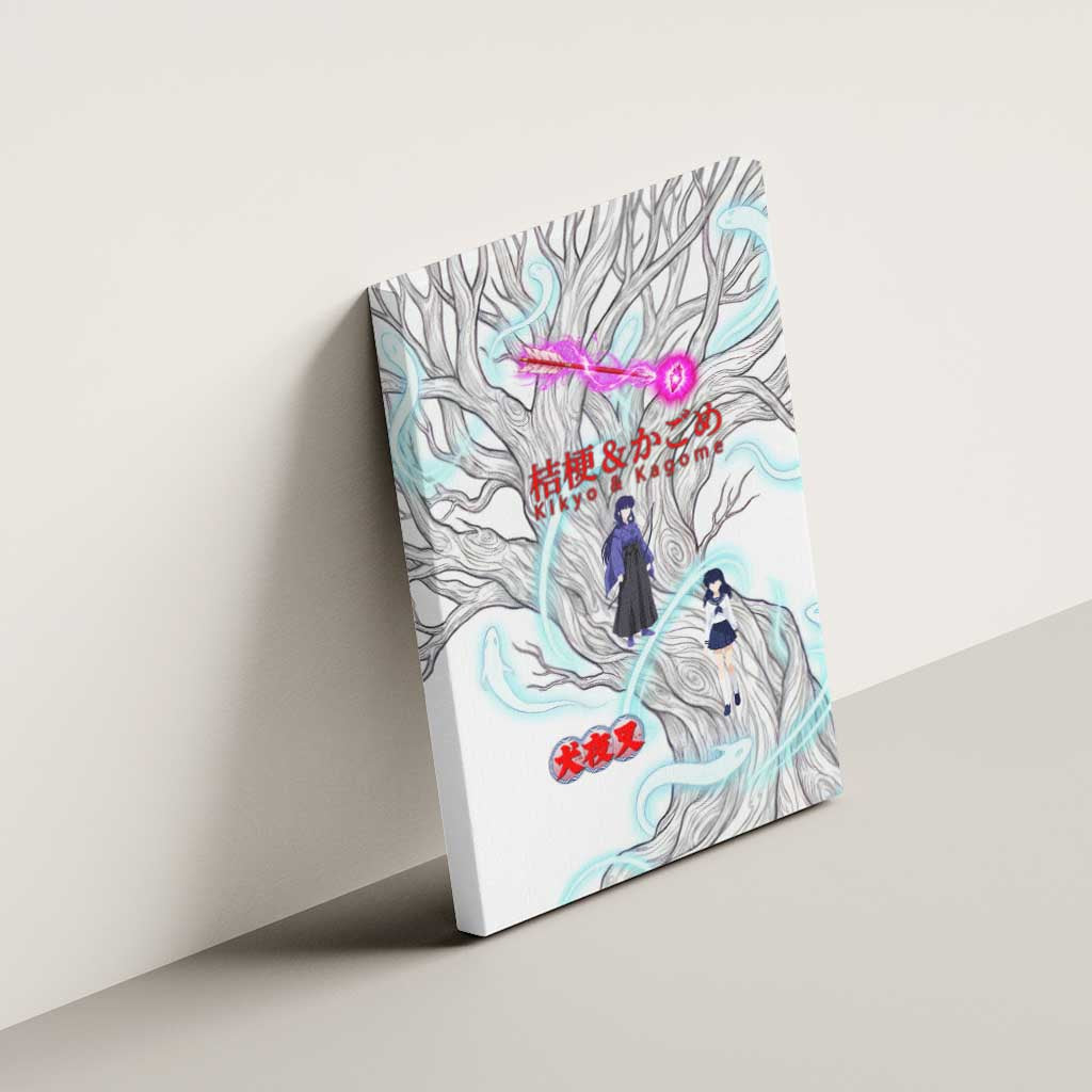 Kikyo and Kagome Inuyasha Series Canvas Wall Art Spiritual Anime Art Style with Sacred Tree and Torii Gate