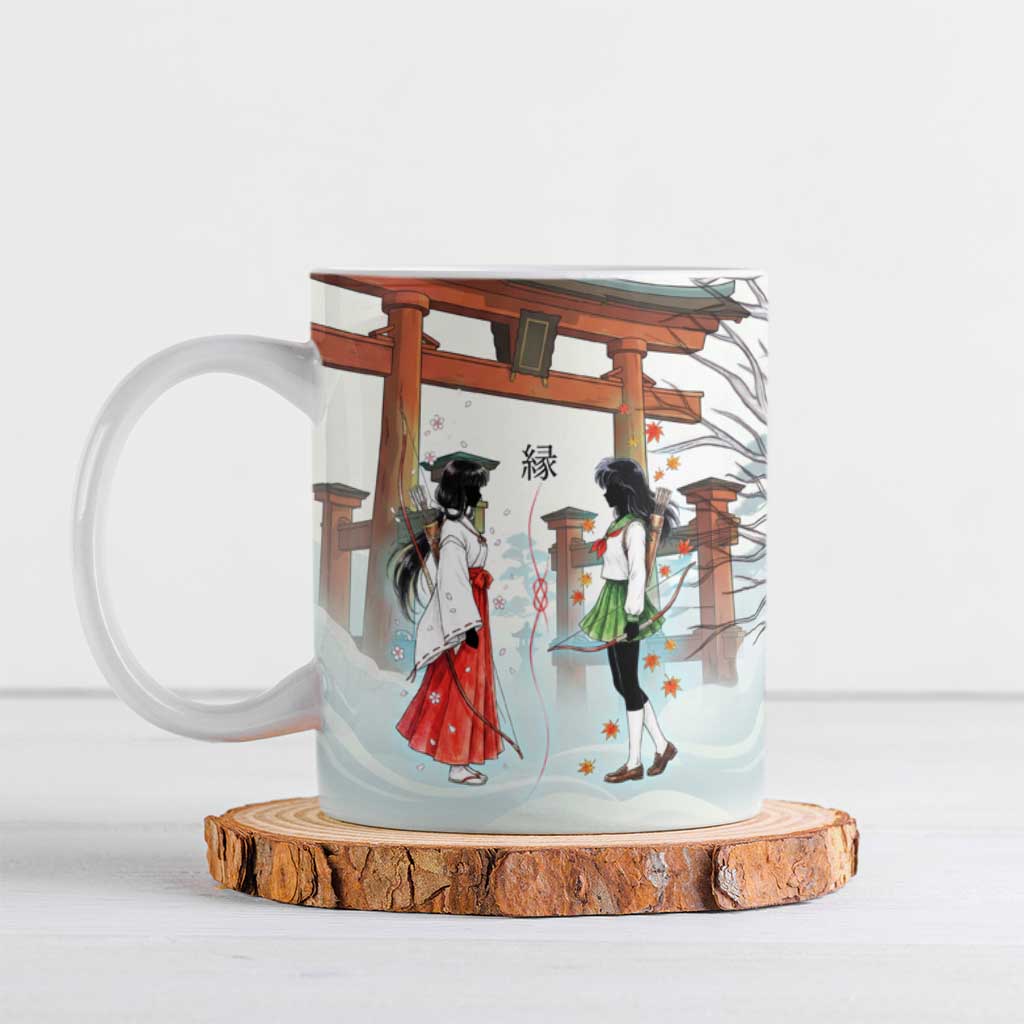 Kikyo and Kagome Inuyasha Series Ceramic Mug Spiritual Anime Art Style with Sacred Tree and Torii Gate