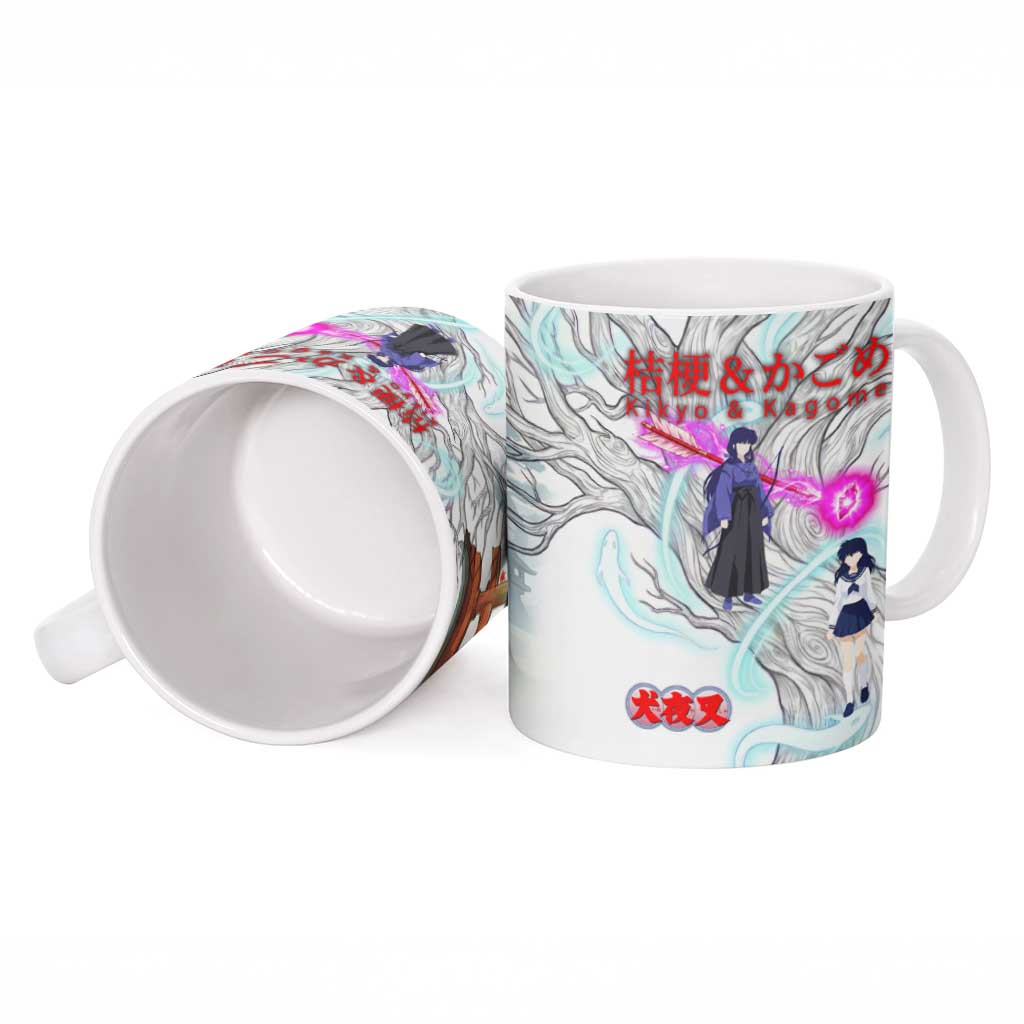 Kikyo and Kagome Inuyasha Series Ceramic Mug Spiritual Anime Art Style with Sacred Tree and Torii Gate