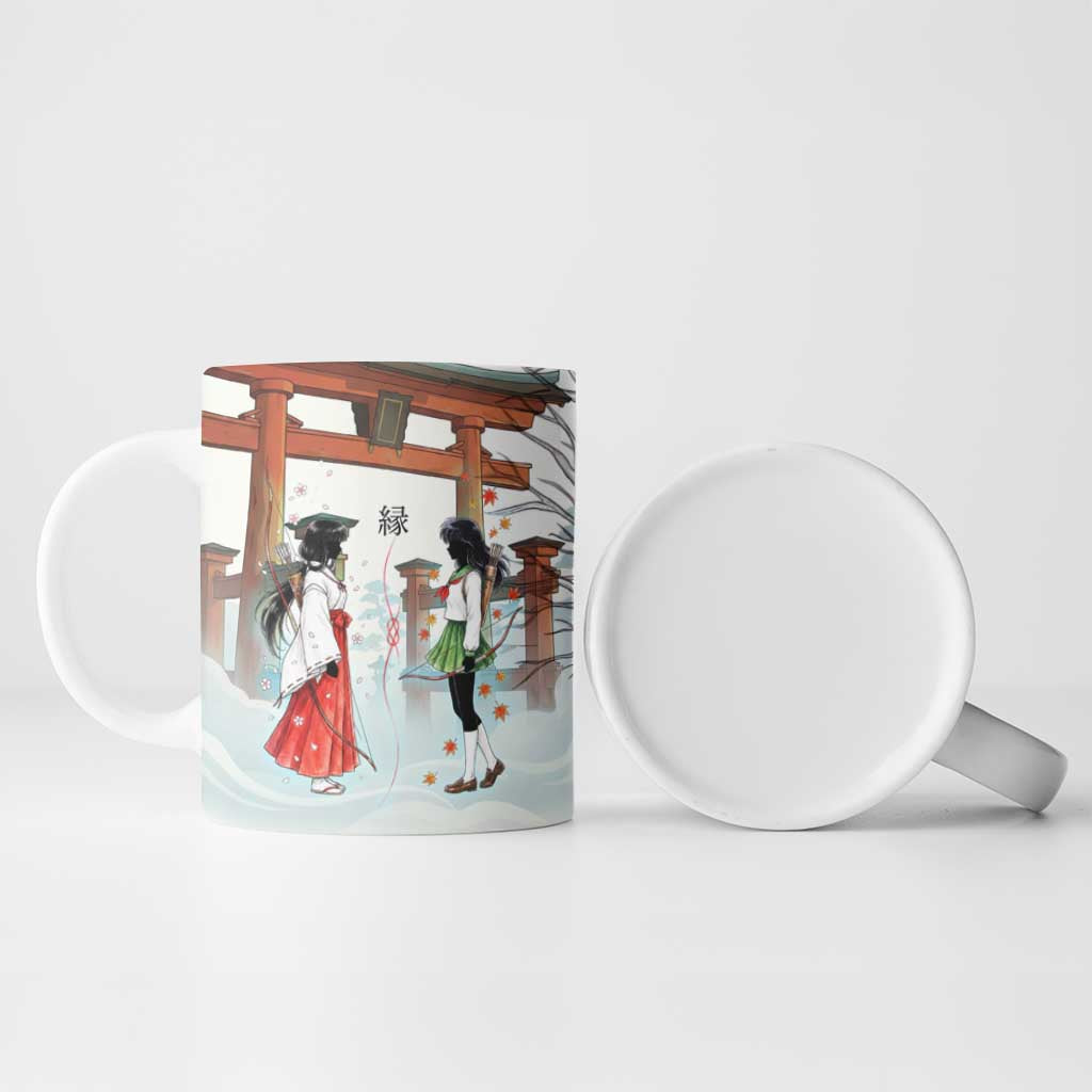 Kikyo and Kagome Inuyasha Series Ceramic Mug Spiritual Anime Art Style with Sacred Tree and Torii Gate