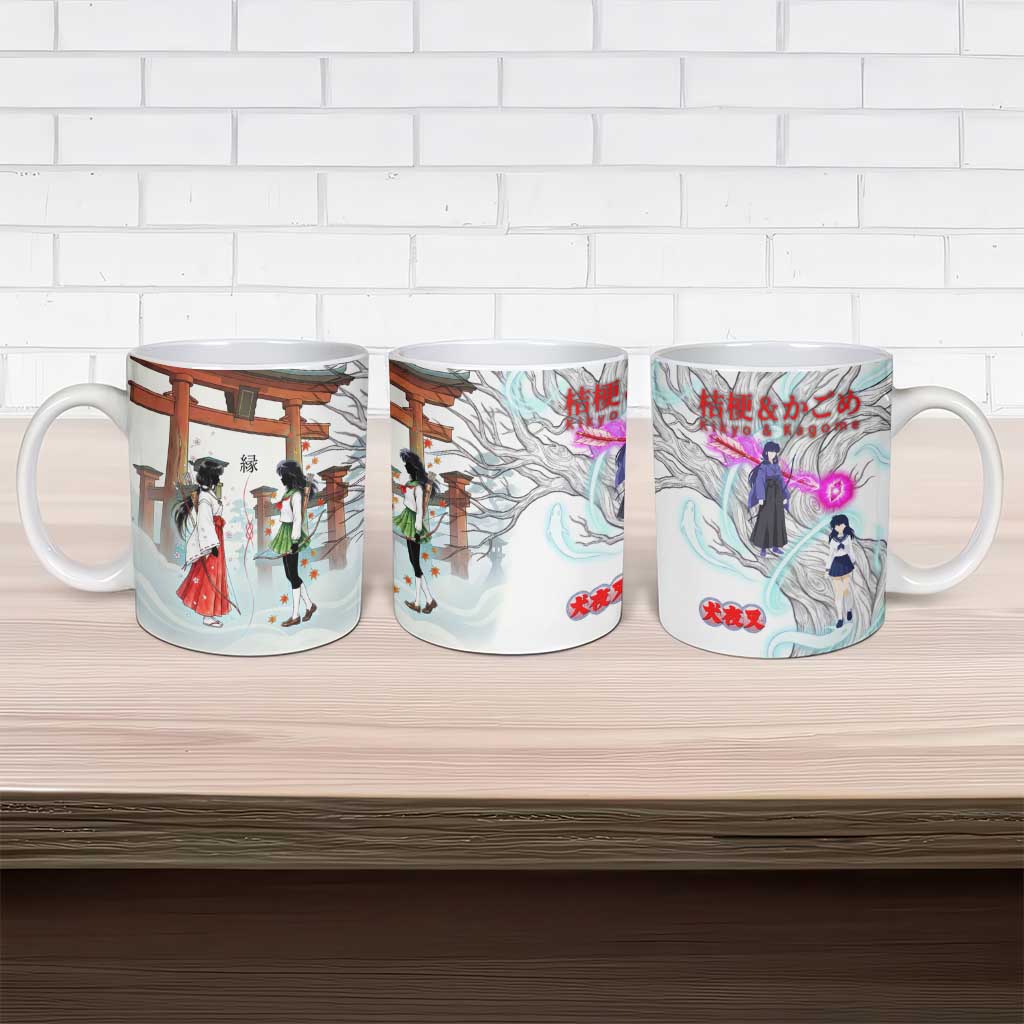 Kikyo and Kagome Inuyasha Series Ceramic Mug Spiritual Anime Art Style with Sacred Tree and Torii Gate