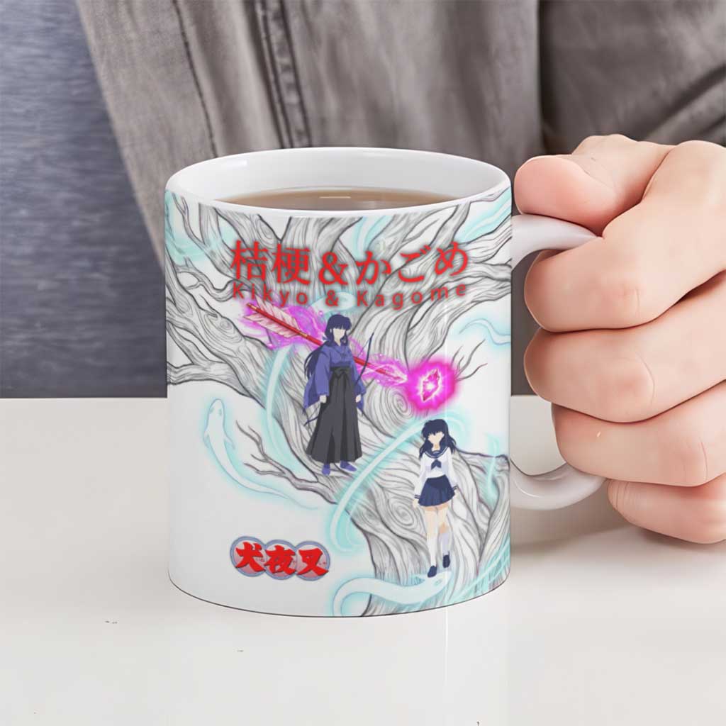 Kikyo and Kagome Inuyasha Series Ceramic Mug Spiritual Anime Art Style with Sacred Tree and Torii Gate