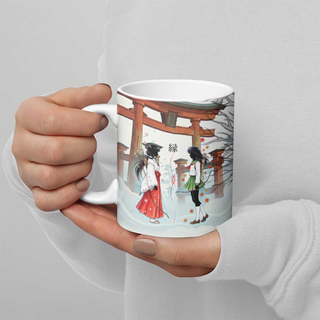 Kikyo and Kagome Inuyasha Series Ceramic Mug Spiritual Anime Art Style with Sacred Tree and Torii Gate