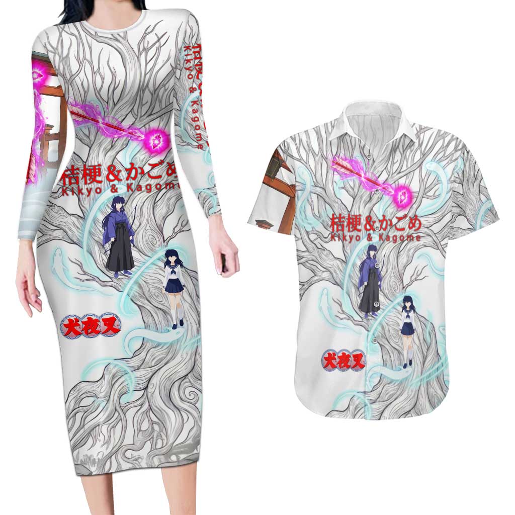 Kikyo and Kagome Inuyasha Series Couples Matching Long Sleeve Bodycon Dress and Hawaiian Shirt Spiritual Anime Art Style with Sacred Tree and Torii Gate