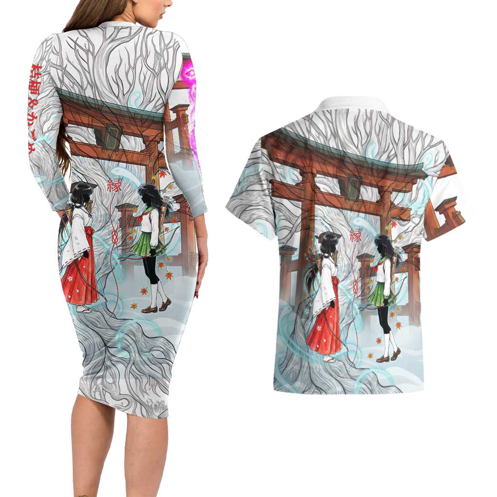 Kikyo and Kagome Inuyasha Series Couples Matching Long Sleeve Bodycon Dress and Hawaiian Shirt Spiritual Anime Art Style with Sacred Tree and Torii Gate