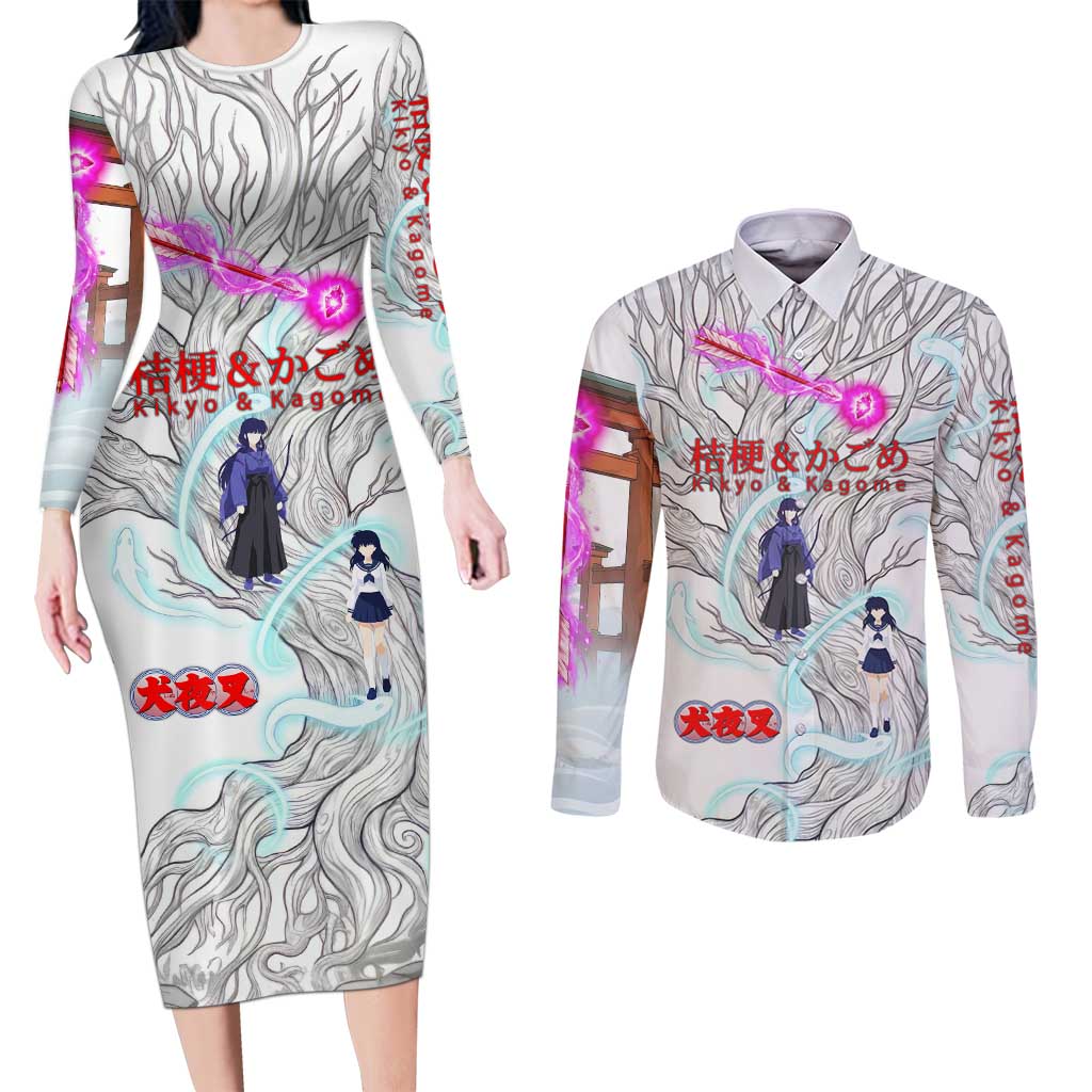 Kikyo and Kagome Inuyasha Series Couples Matching Long Sleeve Bodycon Dress and Long Sleeve Button Shirt Spiritual Anime Art Style with Sacred Tree and Torii Gate