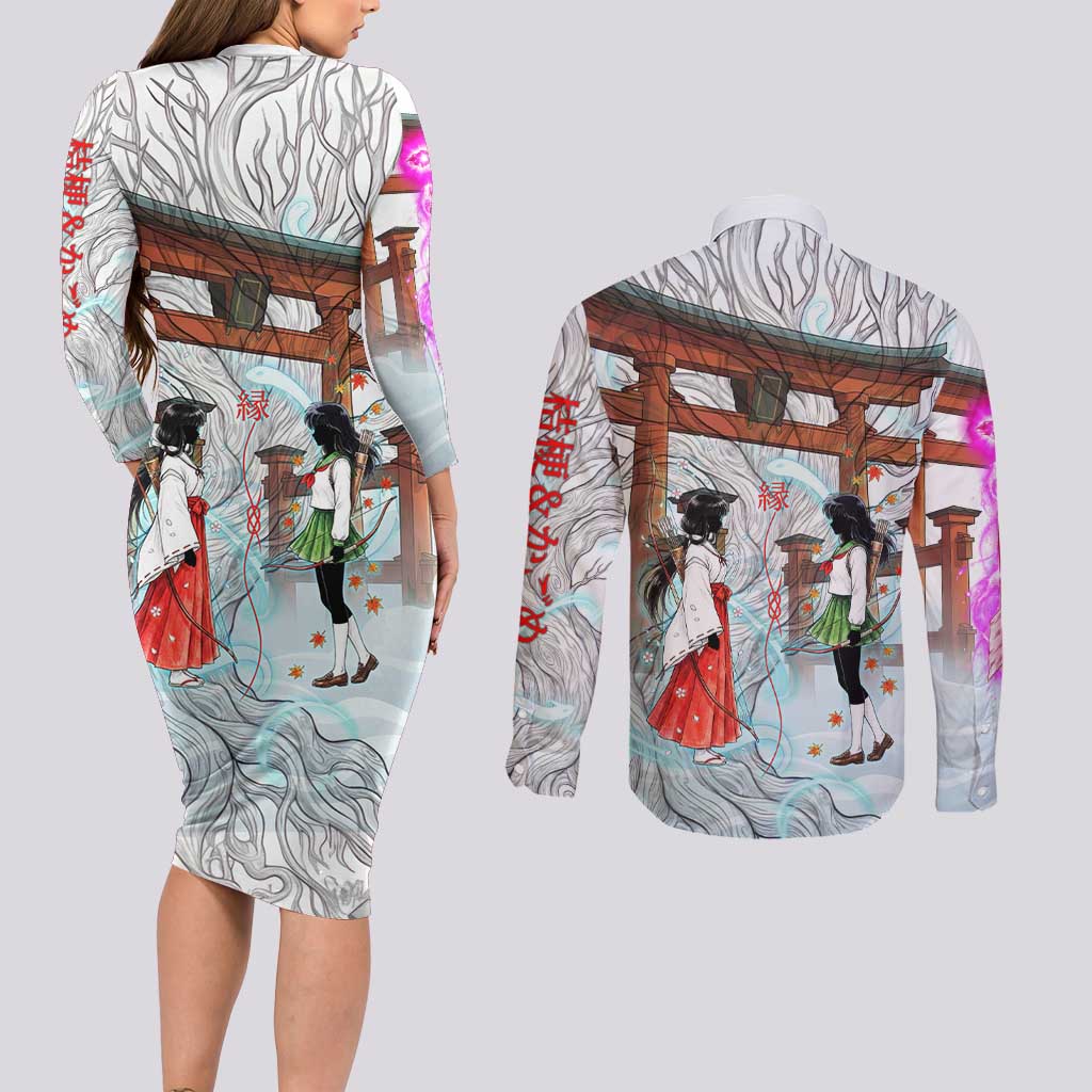 Kikyo and Kagome Inuyasha Series Couples Matching Long Sleeve Bodycon Dress and Long Sleeve Button Shirt Spiritual Anime Art Style with Sacred Tree and Torii Gate