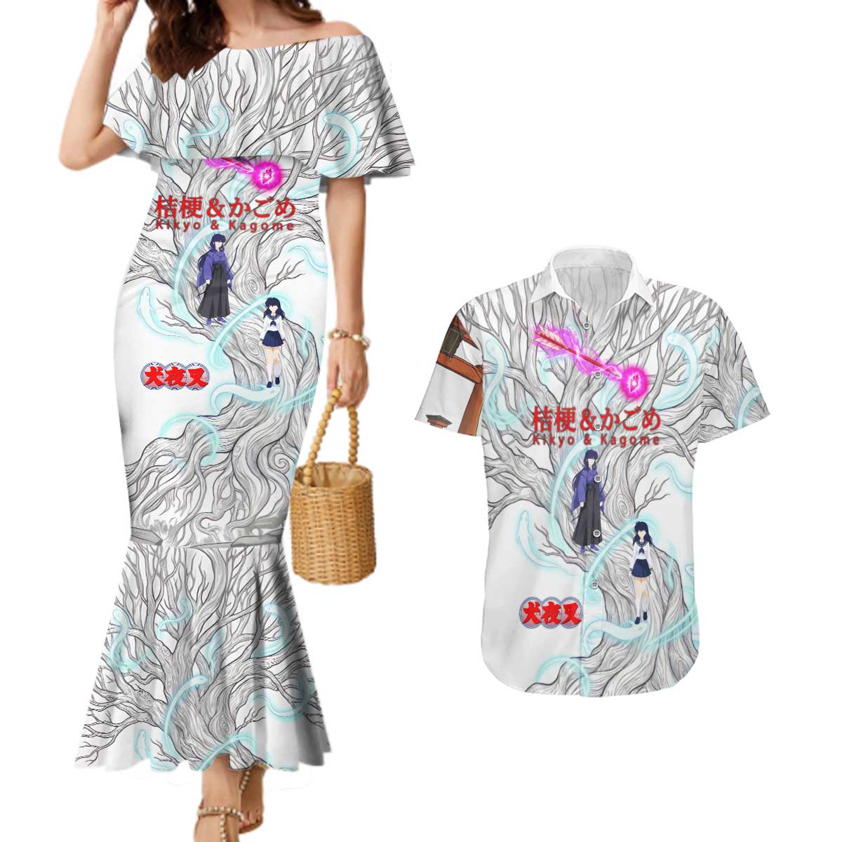 Kikyo and Kagome Inuyasha Series Couples Matching Mermaid Dress and Hawaiian Shirt Spiritual Anime Art Style with Sacred Tree and Torii Gate
