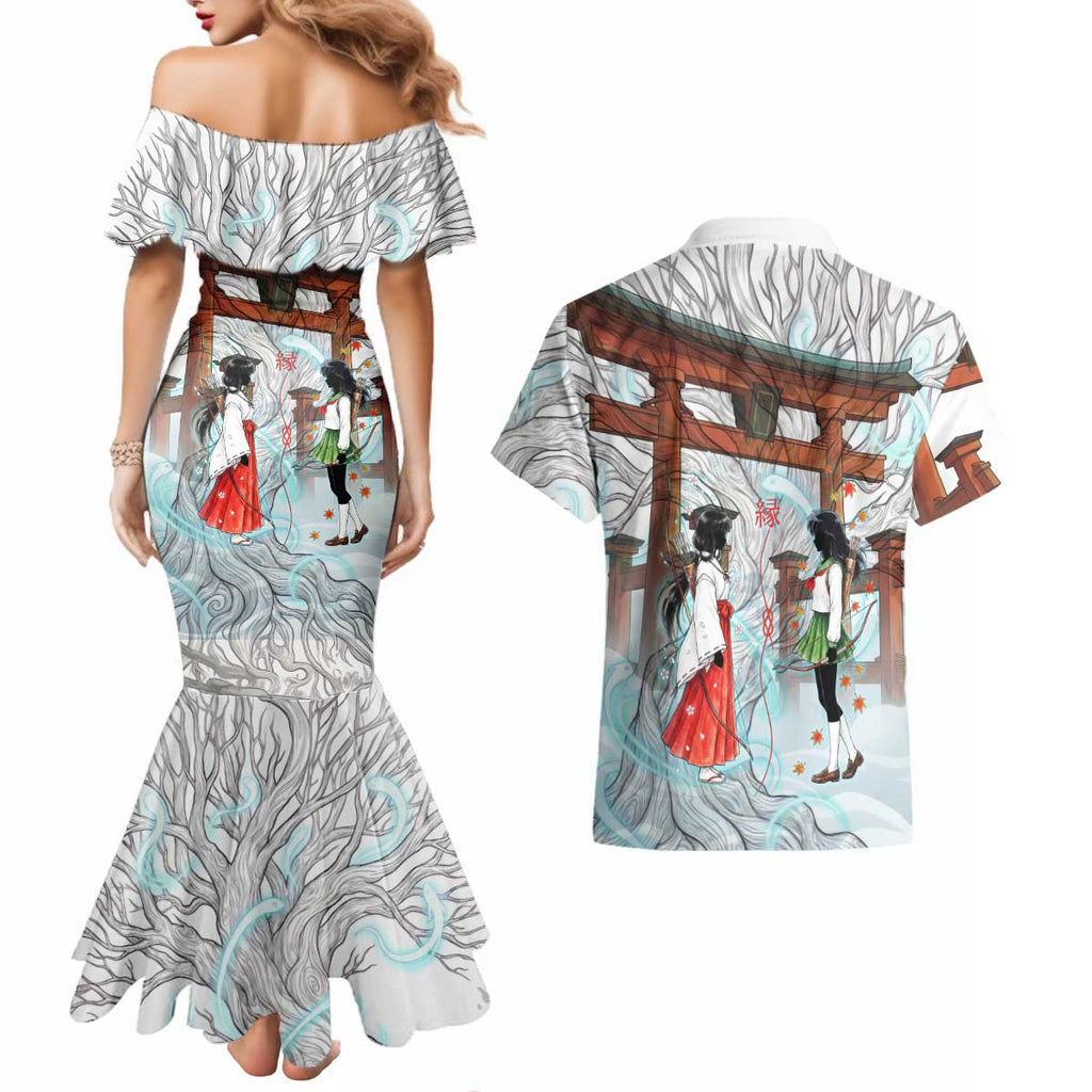 Kikyo and Kagome Inuyasha Series Couples Matching Mermaid Dress and Hawaiian Shirt Spiritual Anime Art Style with Sacred Tree and Torii Gate