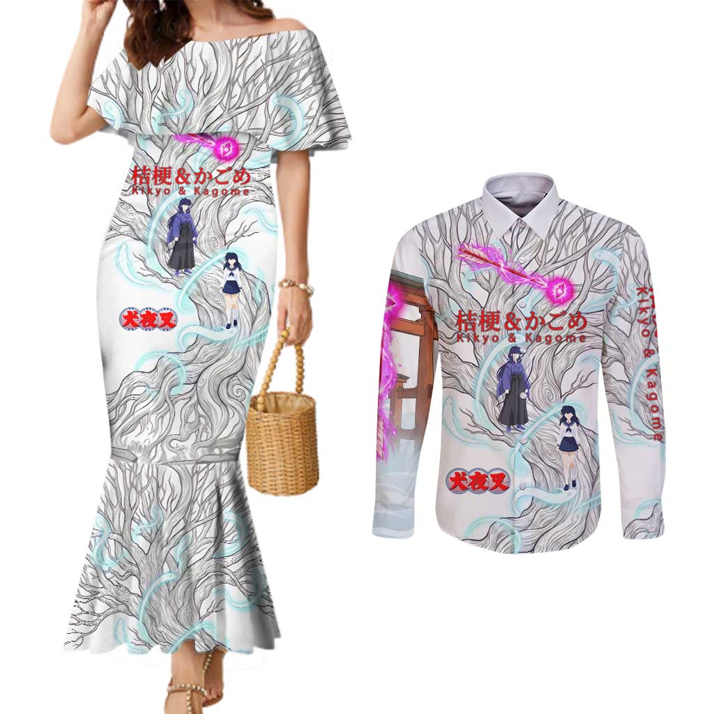 Kikyo and Kagome Inuyasha Series Couples Matching Mermaid Dress and Long Sleeve Button Shirt Spiritual Anime Art Style with Sacred Tree and Torii Gate