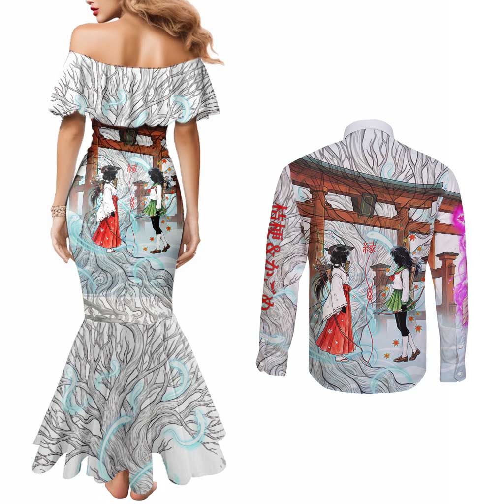 Kikyo and Kagome Inuyasha Series Couples Matching Mermaid Dress and Long Sleeve Button Shirt Spiritual Anime Art Style with Sacred Tree and Torii Gate