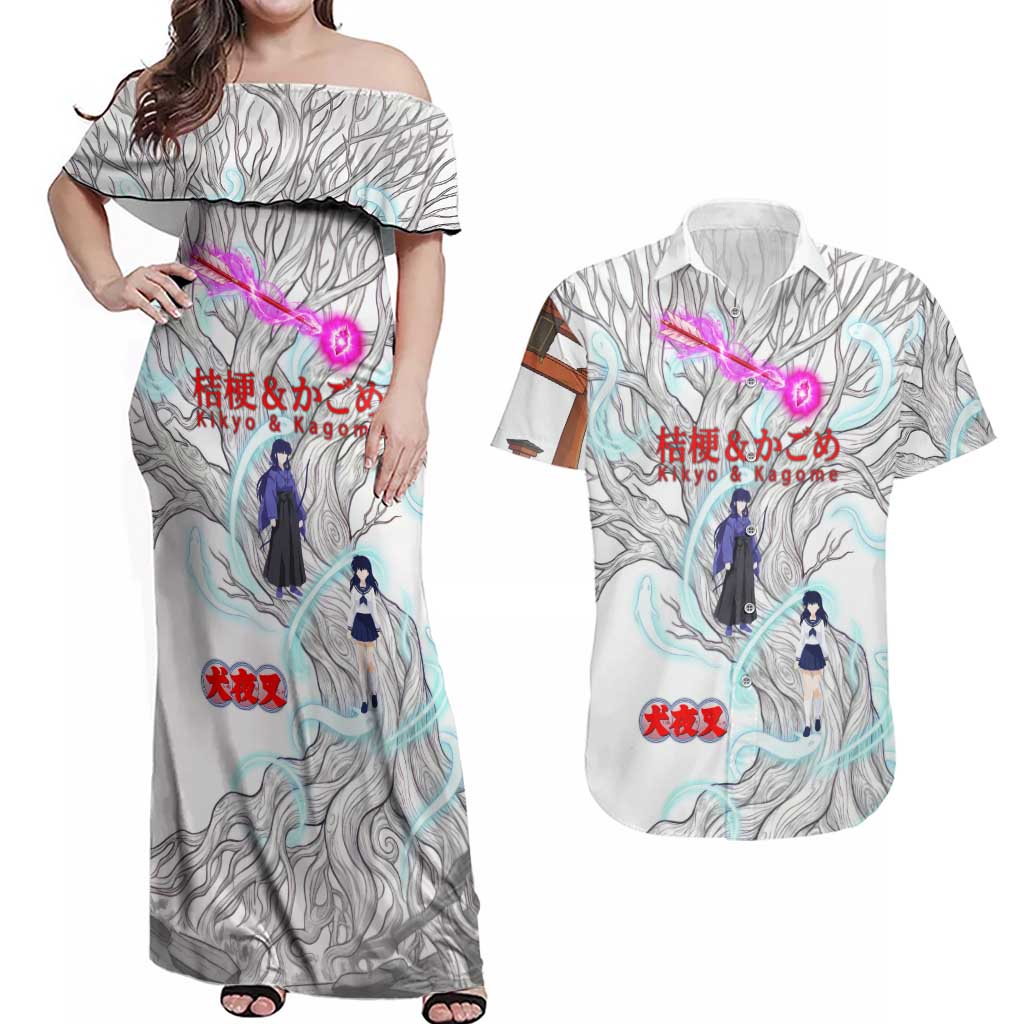 Kikyo and Kagome Inuyasha Series Couples Matching Off Shoulder Maxi Dress and Hawaiian Shirt Spiritual Anime Art Style with Sacred Tree and Torii Gate