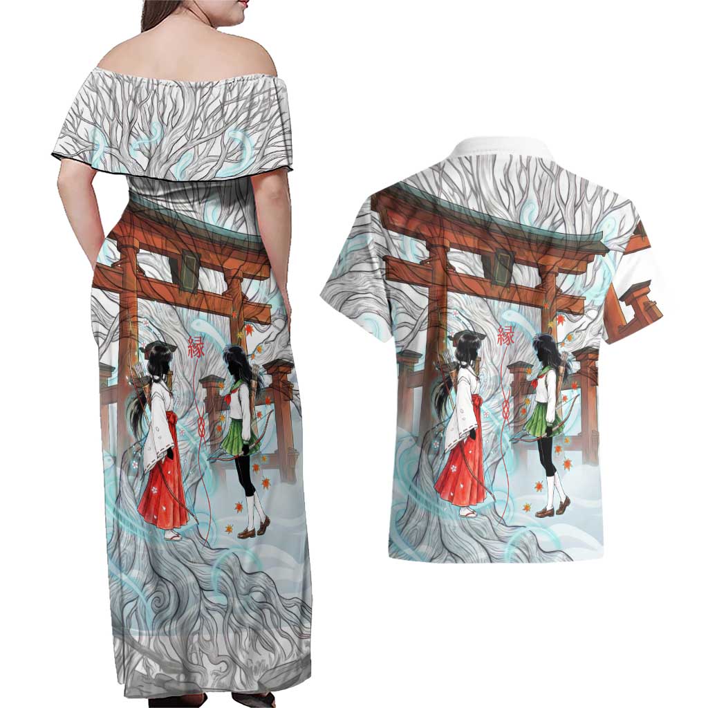 Kikyo and Kagome Inuyasha Series Couples Matching Off Shoulder Maxi Dress and Hawaiian Shirt Spiritual Anime Art Style with Sacred Tree and Torii Gate
