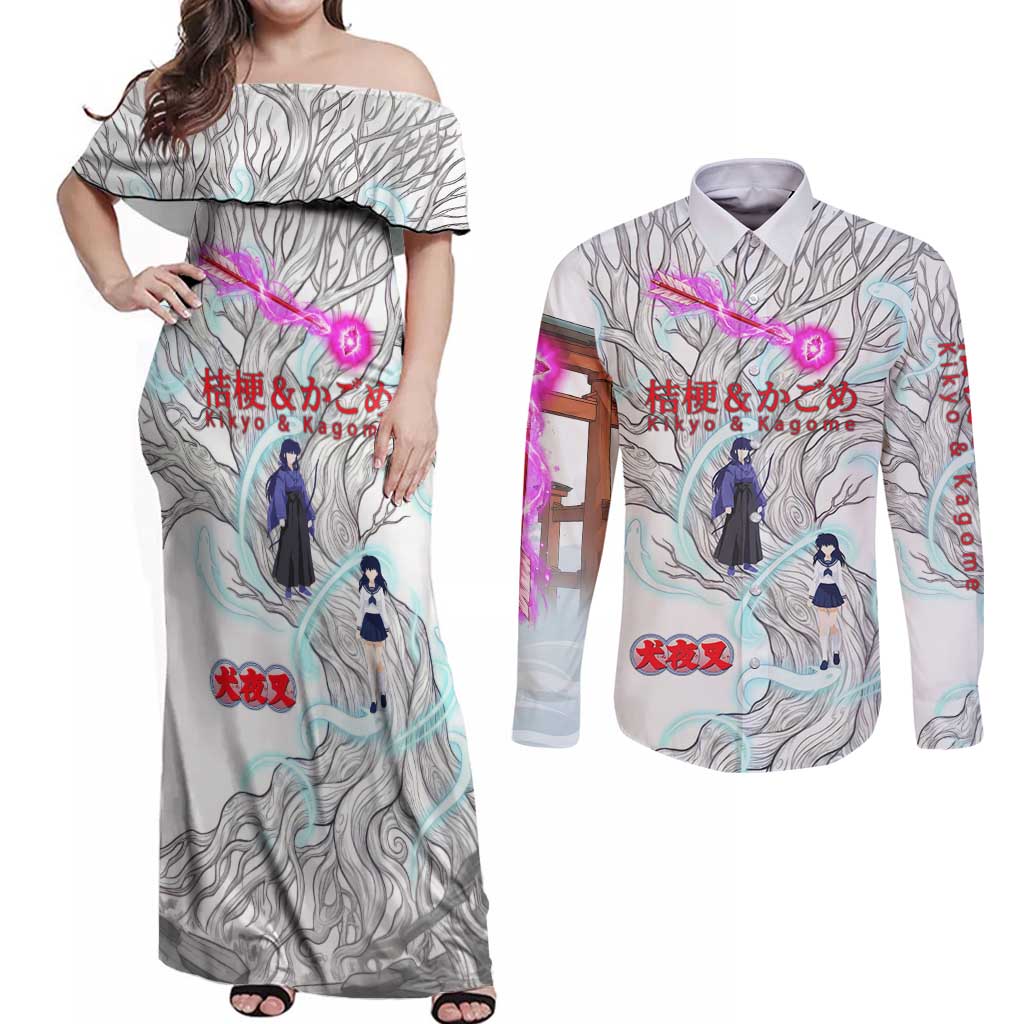 Kikyo and Kagome Inuyasha Series Couples Matching Off Shoulder Maxi Dress and Long Sleeve Button Shirt Spiritual Anime Art Style with Sacred Tree and Torii Gate
