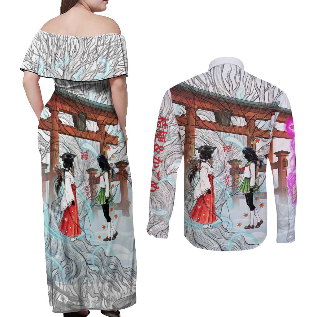 Kikyo and Kagome Inuyasha Series Couples Matching Off Shoulder Maxi Dress and Long Sleeve Button Shirt Spiritual Anime Art Style with Sacred Tree and Torii Gate