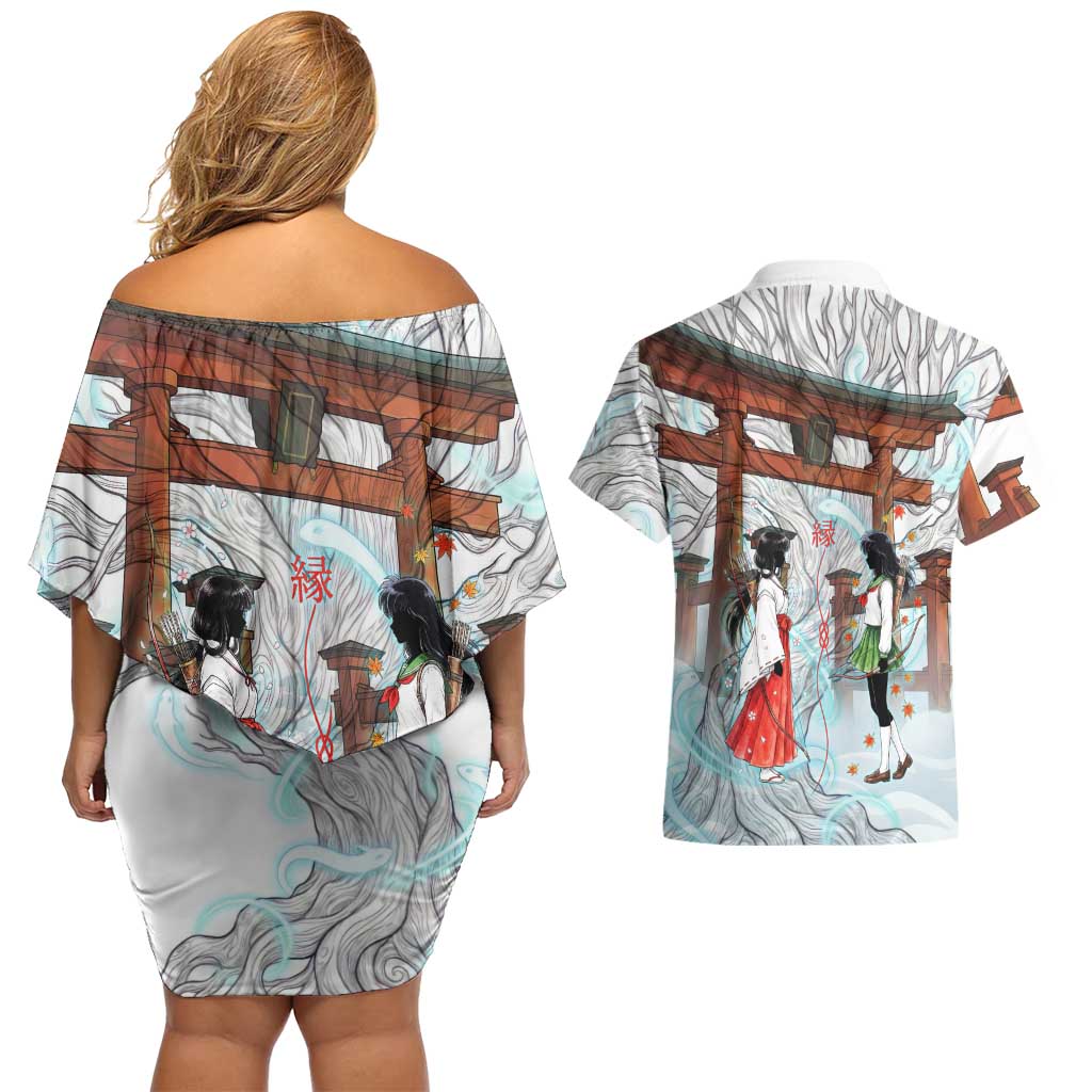 Kikyo and Kagome Inuyasha Series Couples Matching Off Shoulder Short Dress and Hawaiian Shirt Spiritual Anime Art Style with Sacred Tree and Torii Gate
