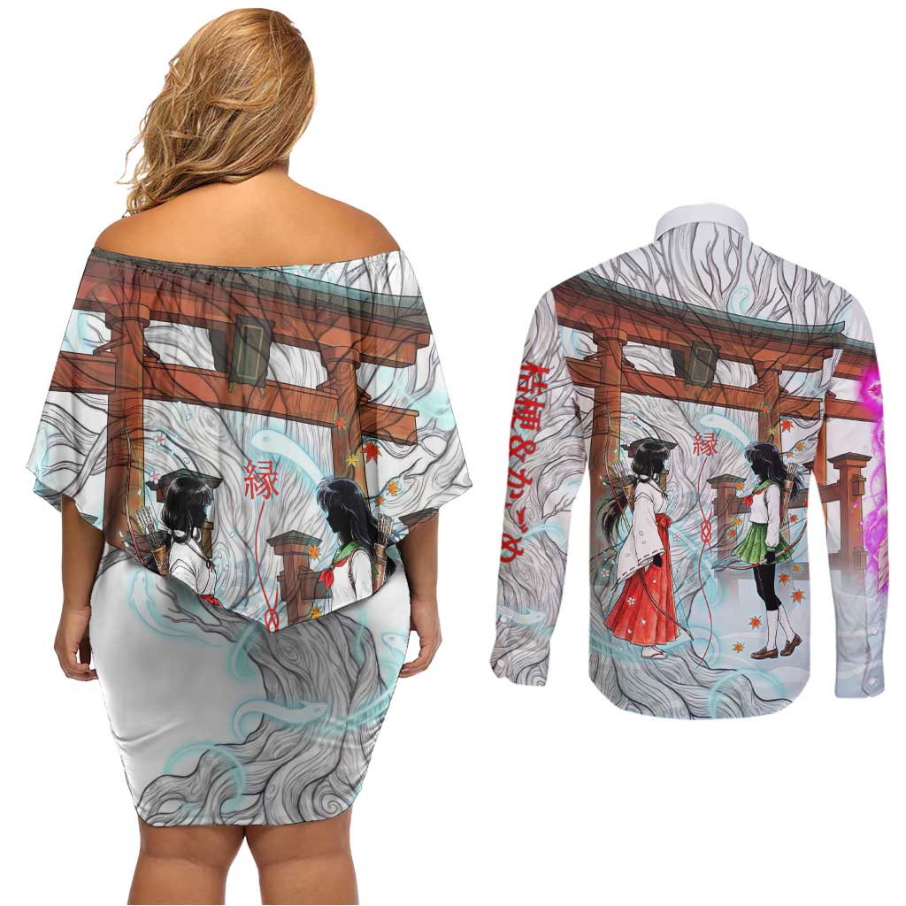 Kikyo and Kagome Inuyasha Series Couples Matching Off Shoulder Short Dress and Long Sleeve Button Shirt Spiritual Anime Art Style with Sacred Tree and Torii Gate