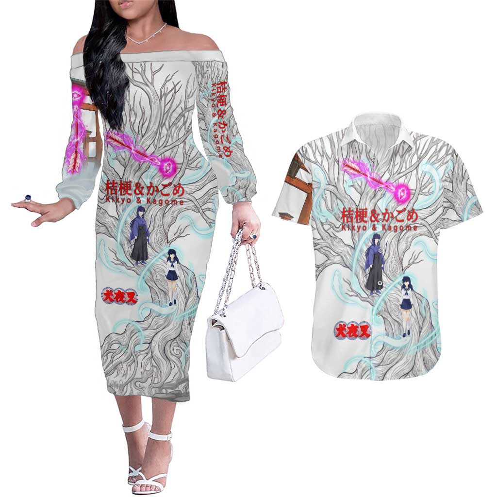 Kikyo and Kagome Inuyasha Series Couples Matching Off The Shoulder Long Sleeve Dress and Hawaiian Shirt Spiritual Anime Art Style with Sacred Tree and Torii Gate