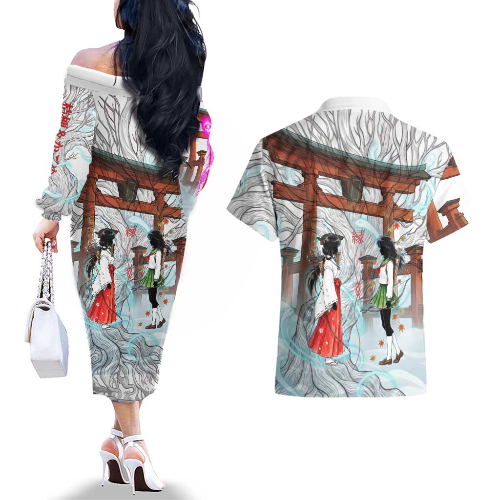 Kikyo and Kagome Inuyasha Series Couples Matching Off The Shoulder Long Sleeve Dress and Hawaiian Shirt Spiritual Anime Art Style with Sacred Tree and Torii Gate