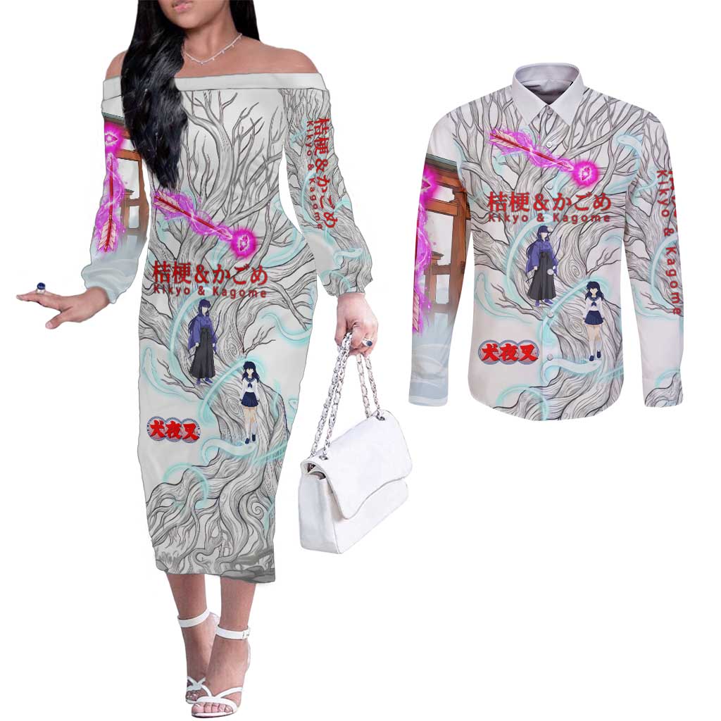 Kikyo and Kagome Inuyasha Series Couples Matching Off The Shoulder Long Sleeve Dress and Long Sleeve Button Shirt Spiritual Anime Art Style with Sacred Tree and Torii Gate