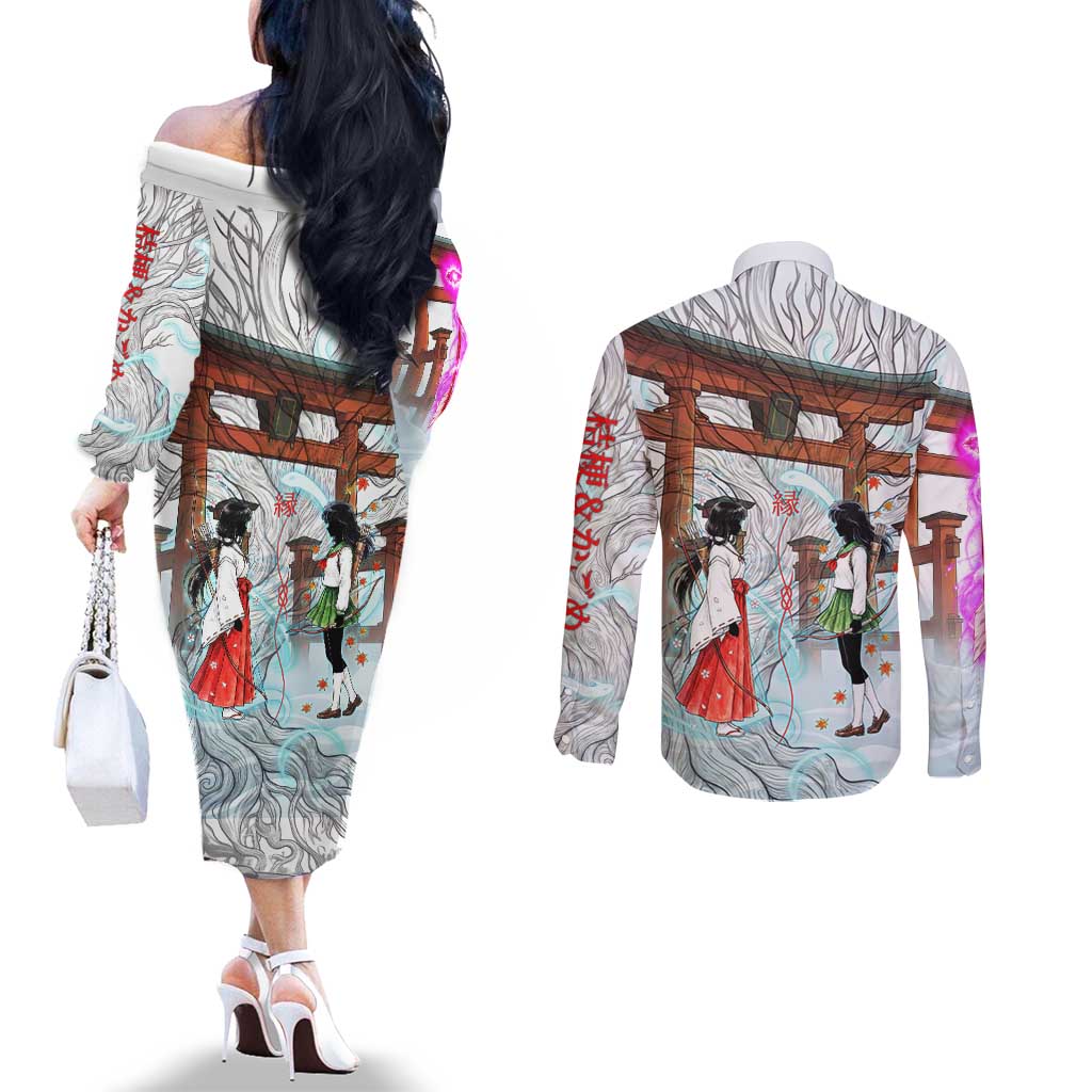 Kikyo and Kagome Inuyasha Series Couples Matching Off The Shoulder Long Sleeve Dress and Long Sleeve Button Shirt Spiritual Anime Art Style with Sacred Tree and Torii Gate