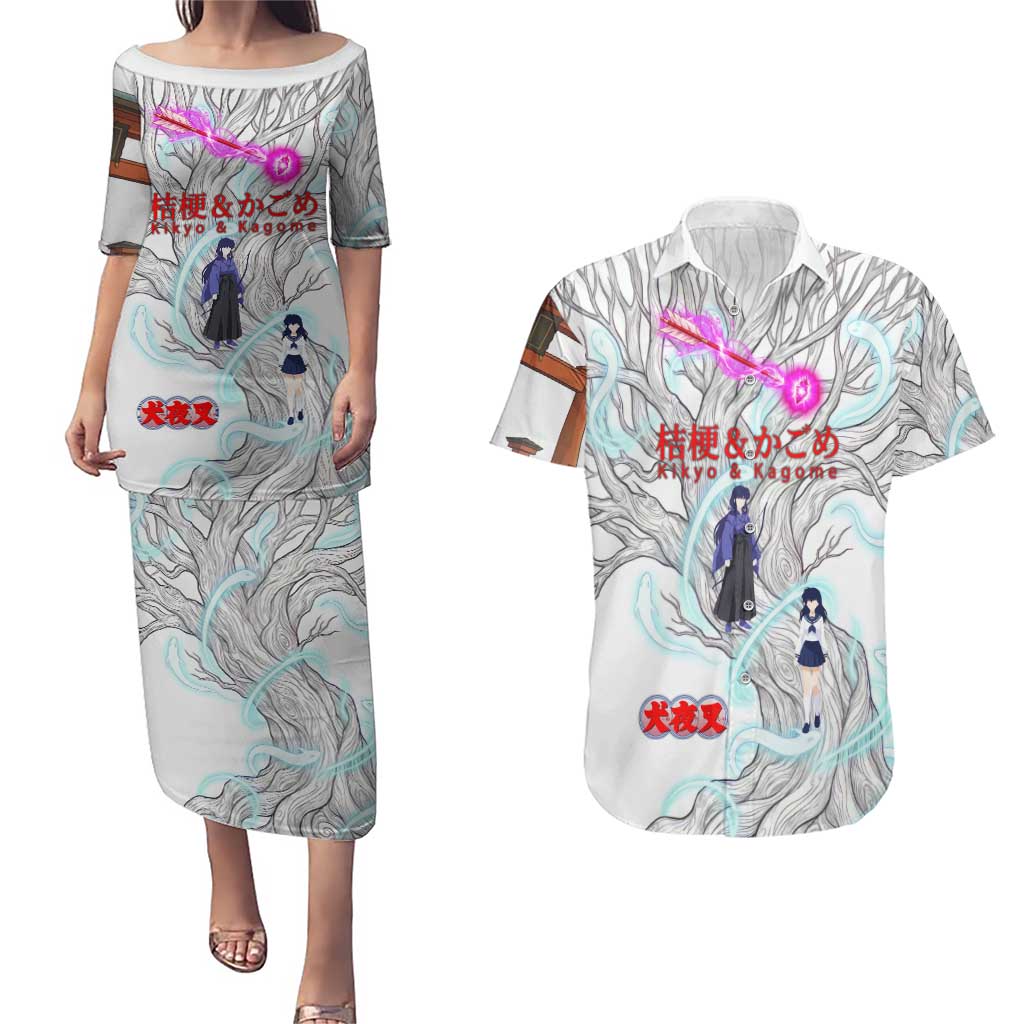 Kikyo and Kagome Inuyasha Series Couples Matching Puletasi and Hawaiian Shirt Spiritual Anime Art Style with Sacred Tree and Torii Gate