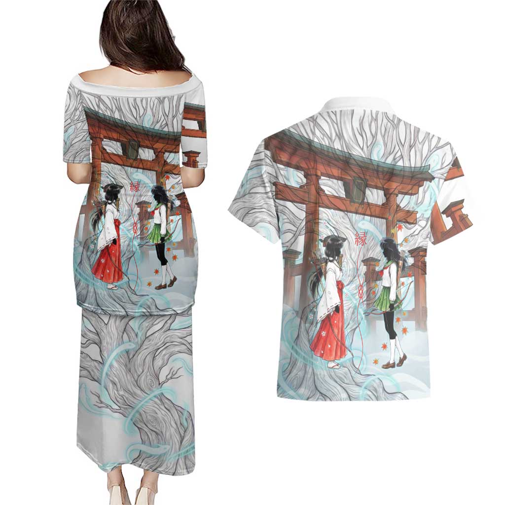 Kikyo and Kagome Inuyasha Series Couples Matching Puletasi and Hawaiian Shirt Spiritual Anime Art Style with Sacred Tree and Torii Gate