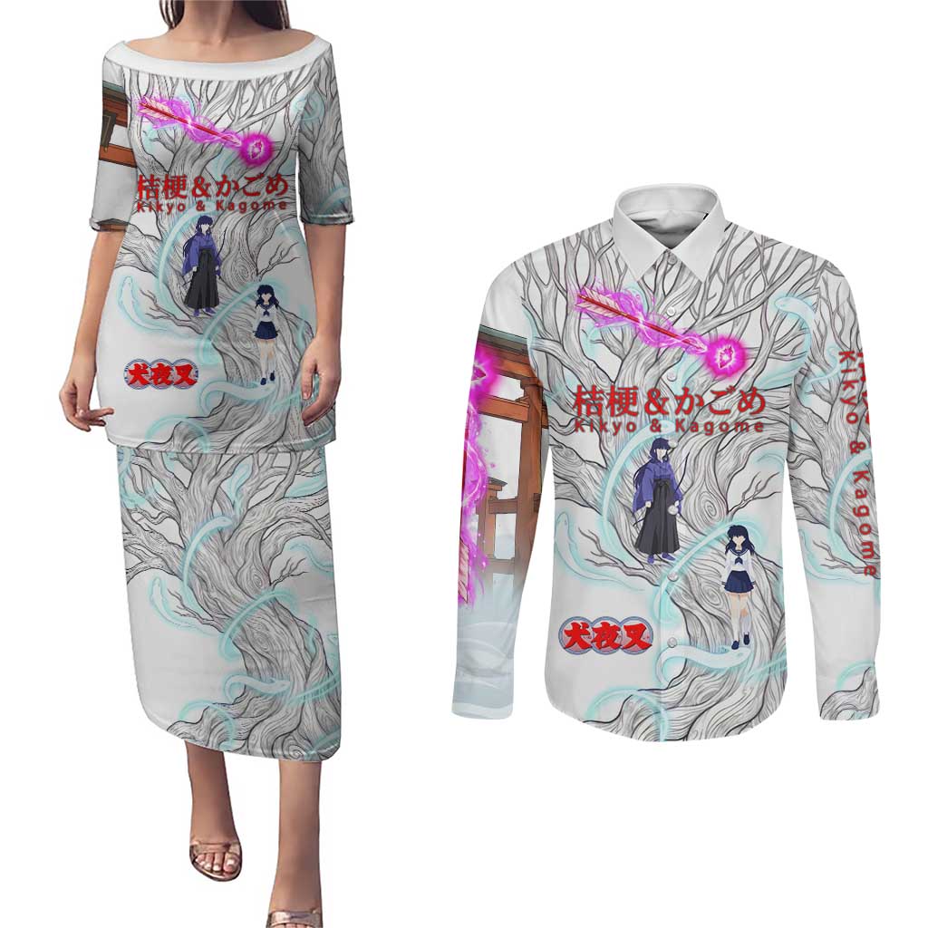 Kikyo and Kagome Inuyasha Series Couples Matching Puletasi and Long Sleeve Button Shirt Spiritual Anime Art Style with Sacred Tree and Torii Gate