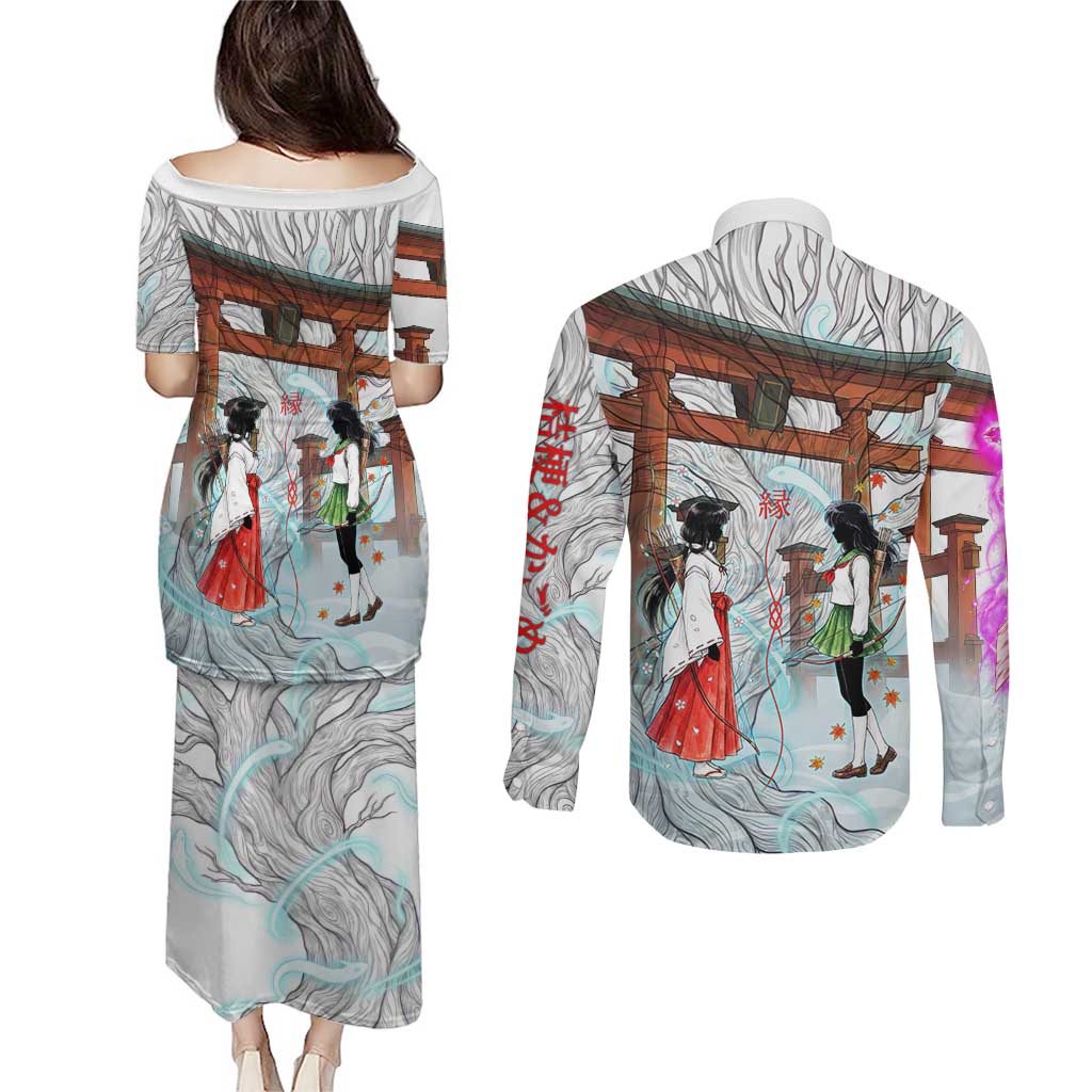Kikyo and Kagome Inuyasha Series Couples Matching Puletasi and Long Sleeve Button Shirt Spiritual Anime Art Style with Sacred Tree and Torii Gate