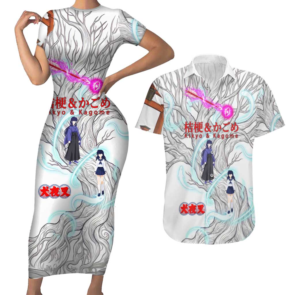 Kikyo and Kagome Inuyasha Series Couples Matching Short Sleeve Bodycon Dress and Hawaiian Shirt Spiritual Anime Art Style with Sacred Tree and Torii Gate