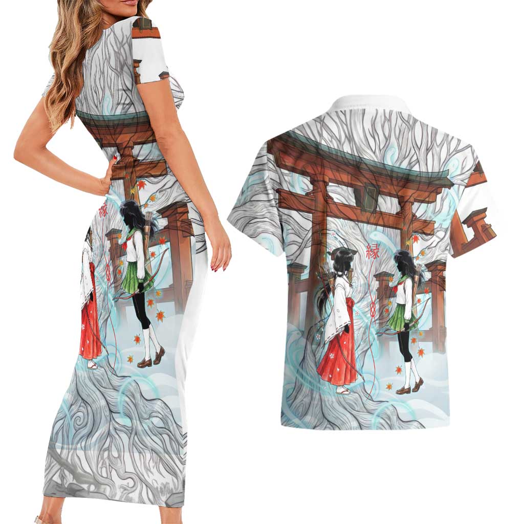 Kikyo and Kagome Inuyasha Series Couples Matching Short Sleeve Bodycon Dress and Hawaiian Shirt Spiritual Anime Art Style with Sacred Tree and Torii Gate
